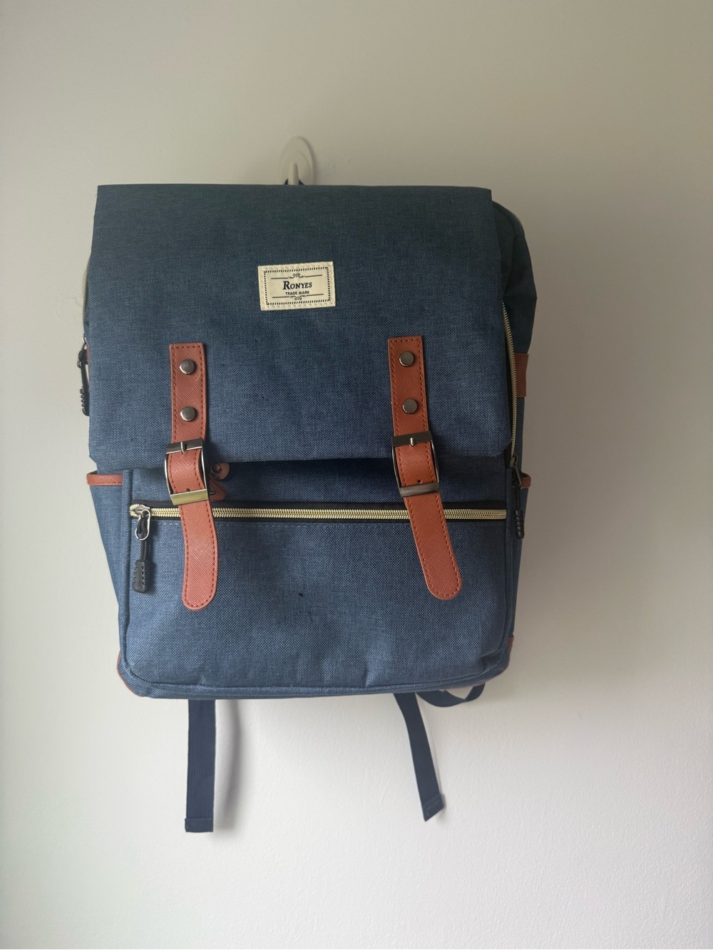 Navy Canvas Backpack with Brown Leather Accents